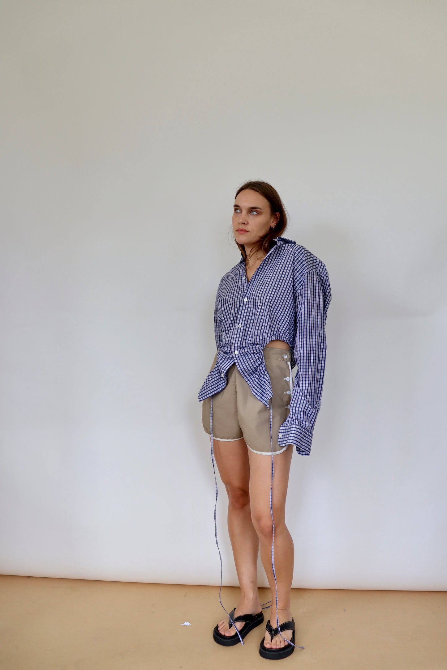 Navy Check Curve Shirt M