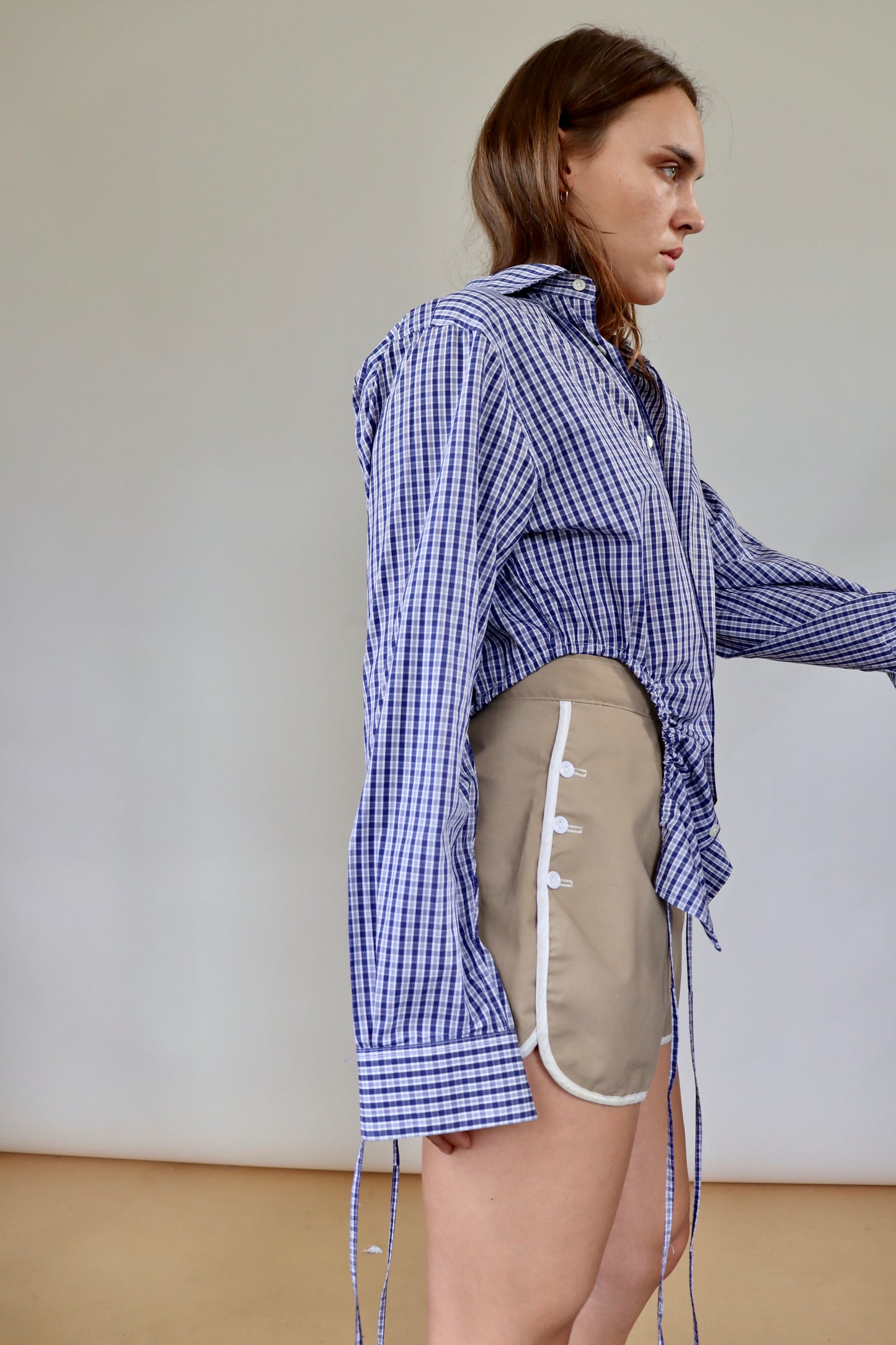 Navy Check Curve Shirt M