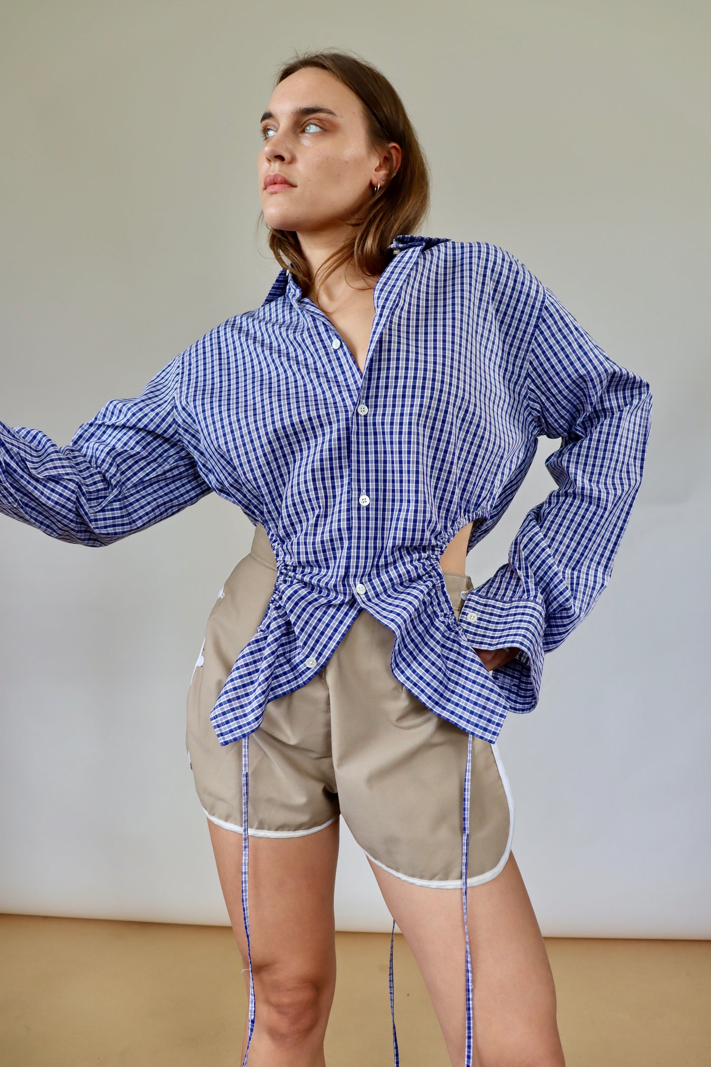 Navy Check Curve Shirt M