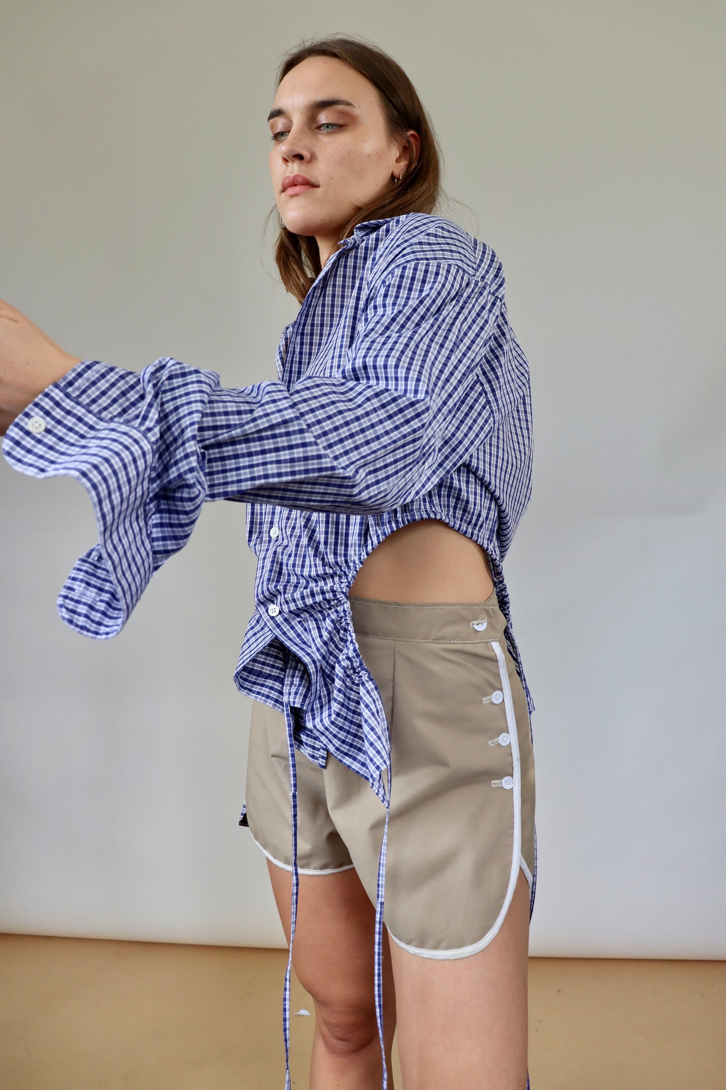 Navy Check Curve Shirt M