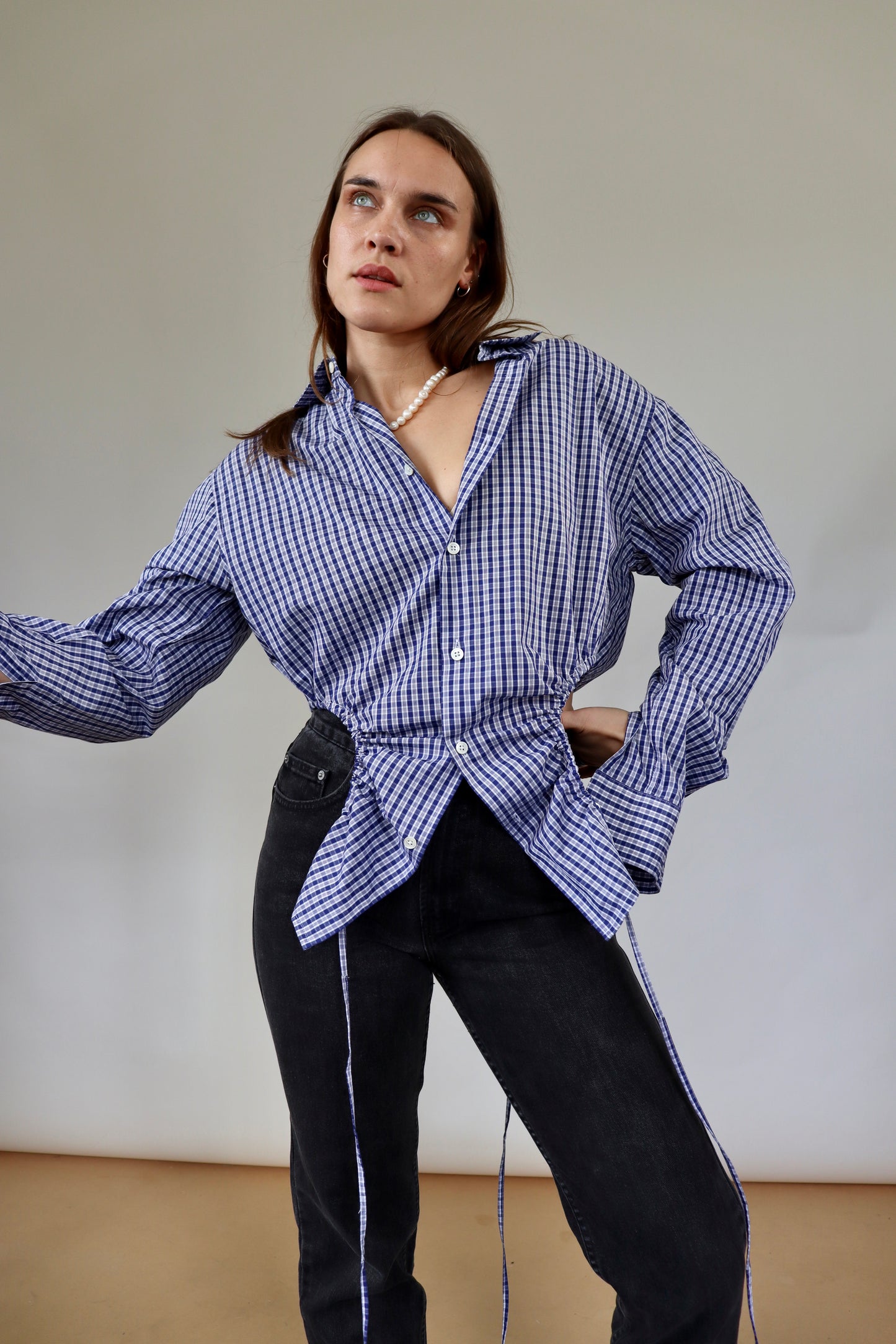 Navy Check Curve Shirt M