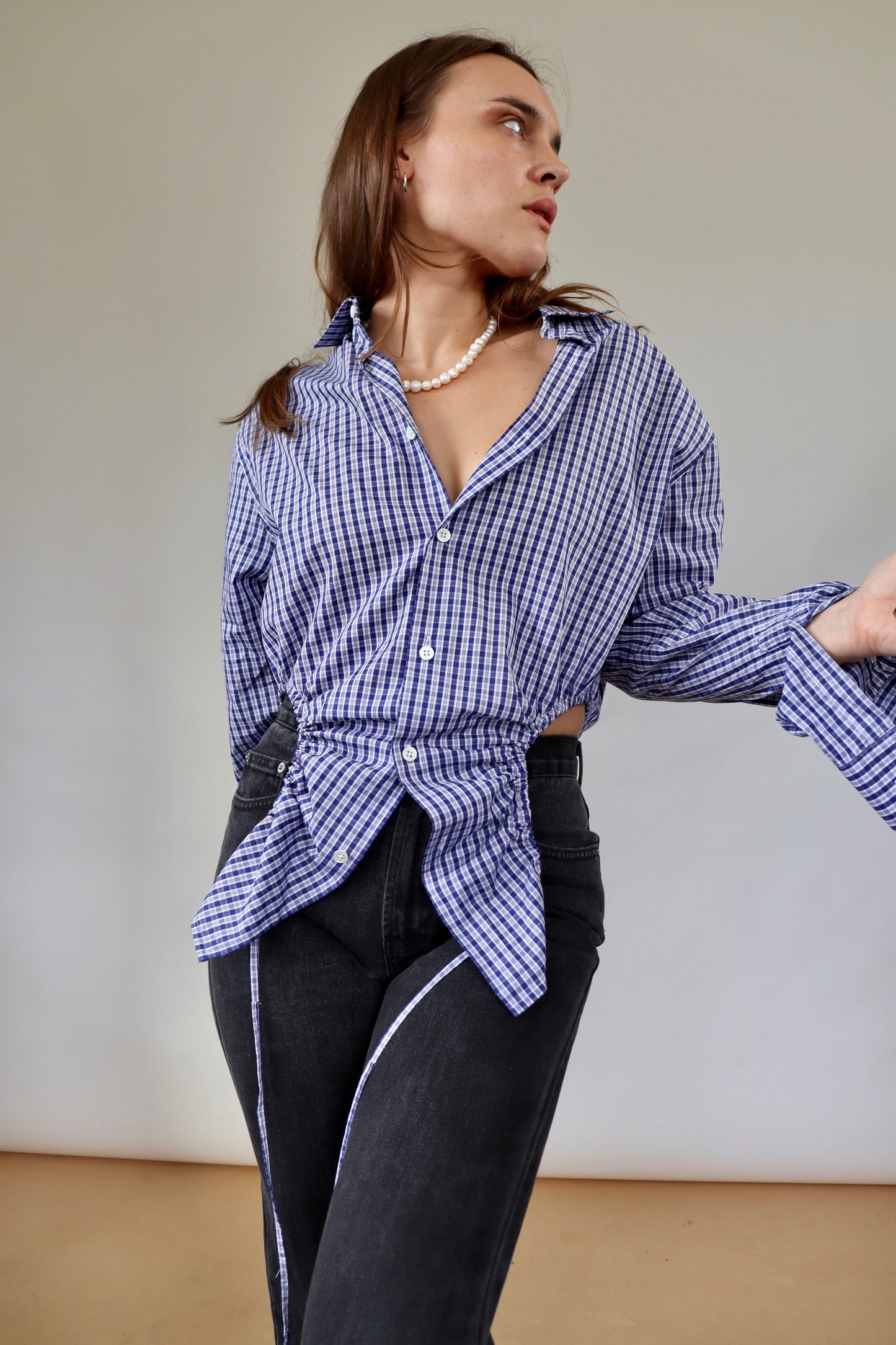 Navy Check Curve Shirt M