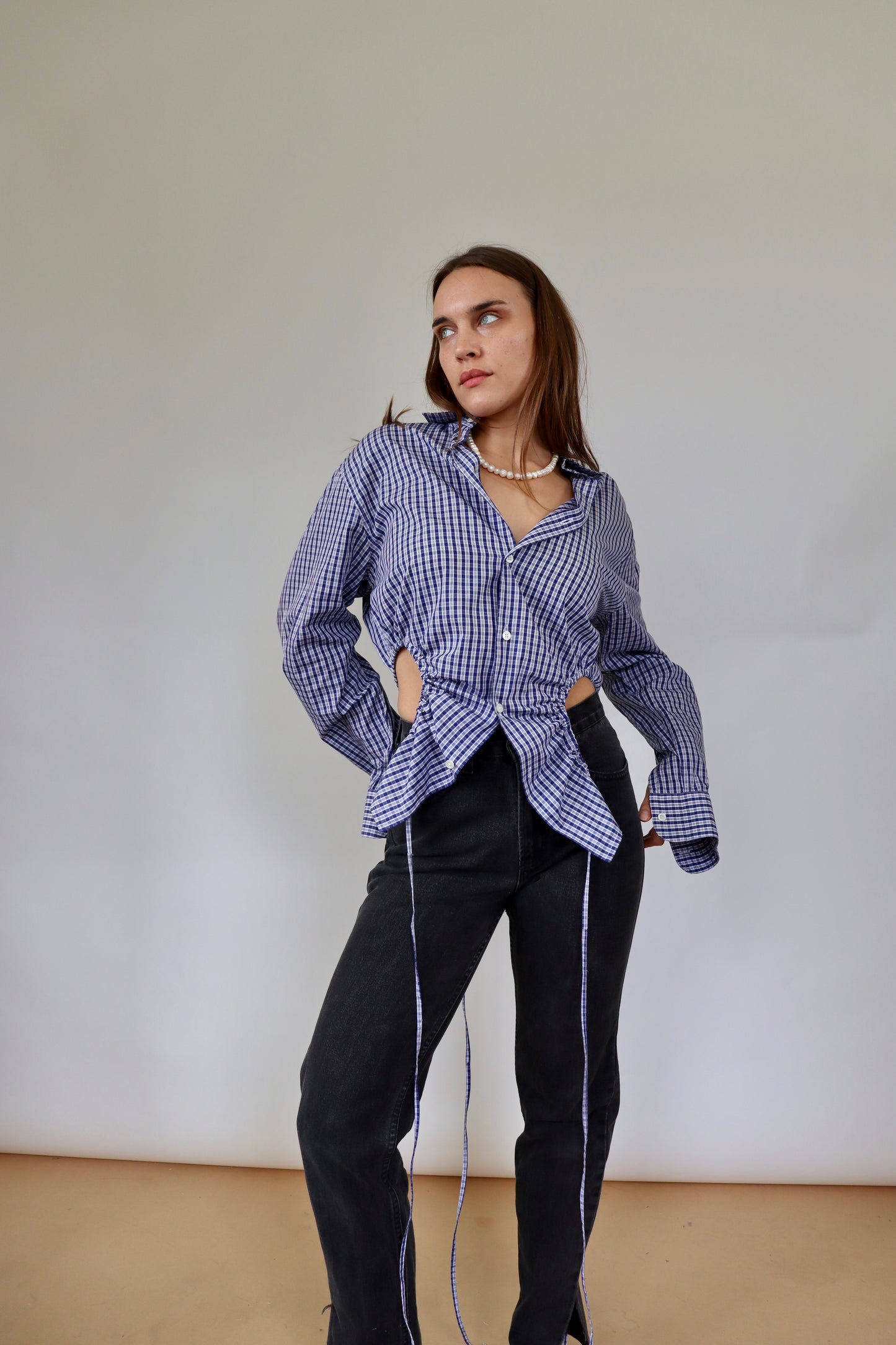 Navy Check Curve Shirt M