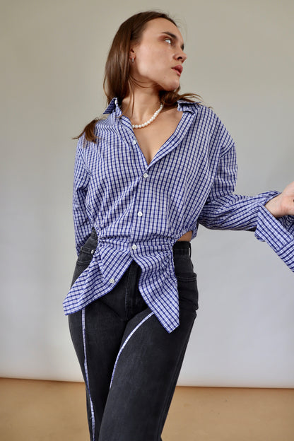 Navy Check Curve Shirt M