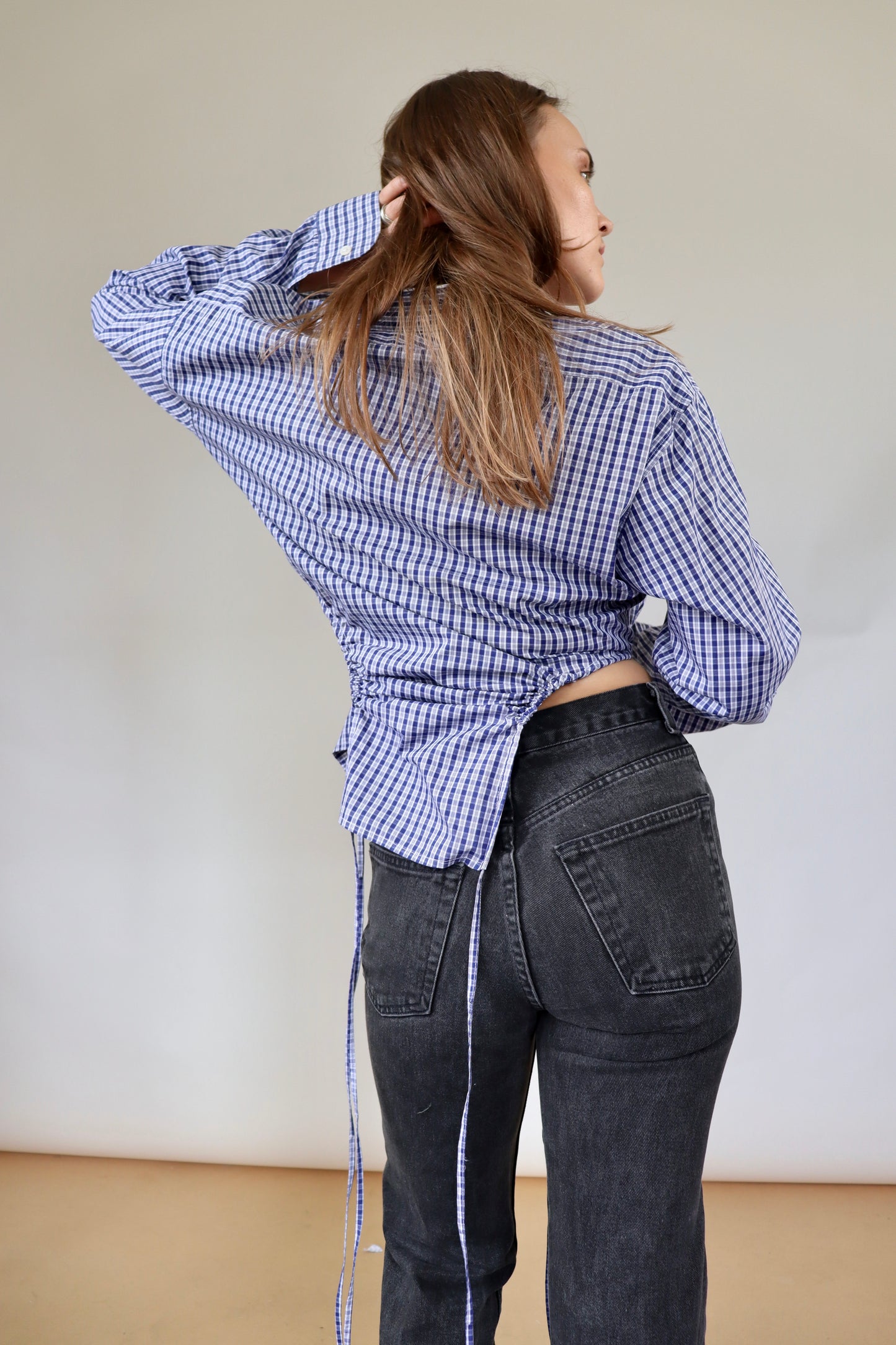 Navy Check Curve Shirt M