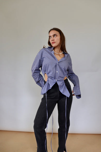 Navy Check Curve Shirt M